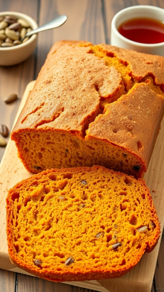 A loaf of diabetic-friendly pumpkin bread sliced, showcasing its moist texture, on a rustic wooden table with pumpkin seeds.